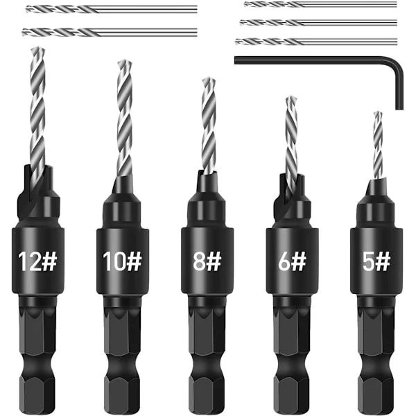 Sett med 5 forsenkerbor med 1/4" sekskantfeste – hurtigskifte, for trebearbeiding