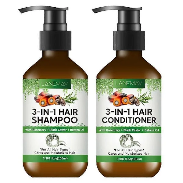 3-I-1 Batana Olie Shampoo & Balsam Sæt, Økologisk Batana Olie Hovedbundsbehandling til Hårvækst for Tyndt Hår & Hårtab, Infunderet med Rosmarin+B
