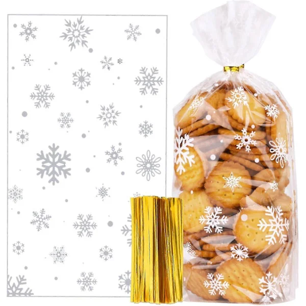 100 st Jul Cellofanpåsar - Snöflinga Cellofanpåsar för Godis Kakor Choklad Platt Botten Klar Jul Party Godispåsar Med Twist Ties (