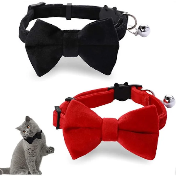 2 st Sammetsfluga Katt Halsband med Klocka Justerbart Säkerhetshalsband för Kattunge och Liten Valp med Fluga Enfärgad Bröllops Rött Katt Halsband
