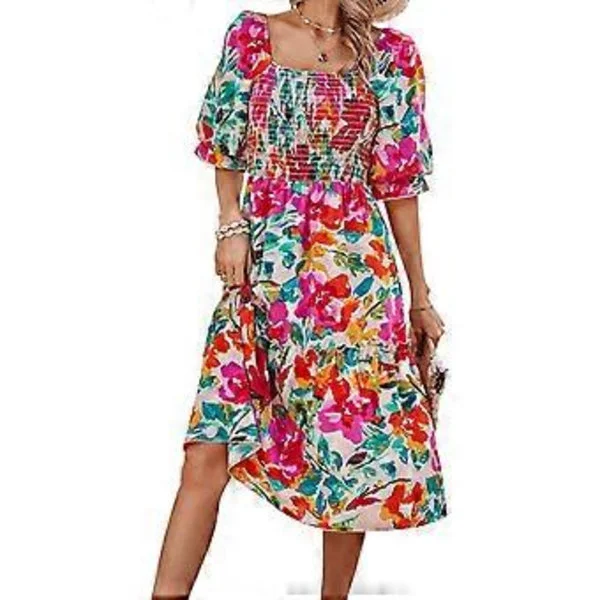 Sommer Casual Kort Pufærme A-line Kjole Firkantet Hals Smock Kjole Boho Blomsterprint Flydende Lang Kjole Gave abrikosblomst M