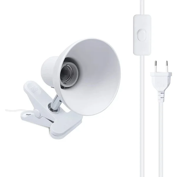 Bordlampeholder Skrivebordslampe Klemme 360 Graders Rotasjon E27 Pære Sokkel Holder Lampefot med Bryter Ledning Skilpadde Akvarium (Hvit)