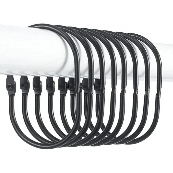 10 Pcs Shower Curtain Hooks (Black), Oval Snap Shower Ring for Curtain, Glide Smoothly Shower Hooks