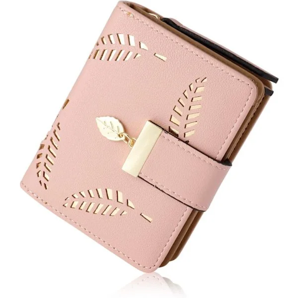 Women's Wallet, Small Leather Foldable Wallet for Women, Hollow Leaf Women's Vegan Coin Purse with Zipper (Pink)