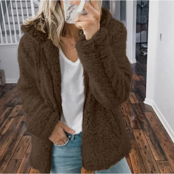 Women's Plush Hooded Blazer Fluffy Fleece Hoodie Winter Jacket Casual Coffee Color Size S Coffee S S Coffee
