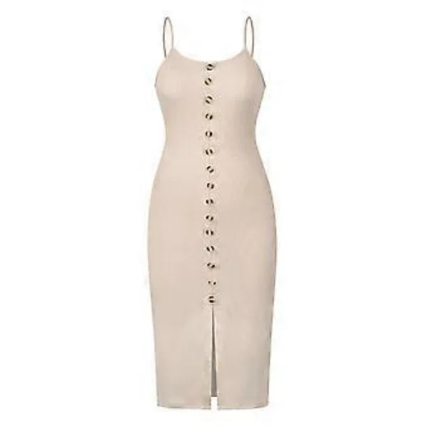 Dam Sommar Knäppning Ärmlös Klänning Ribbad Virkad Slip Strap Midi Klänning Fram Slits Bodycon Solklänning