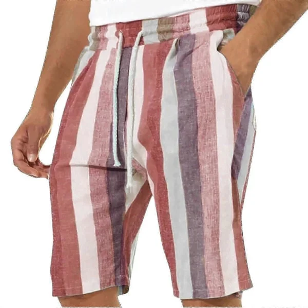 Herre Casual Bomuld Linned Shorts, Sommer Farveblok Stribede Snøre Midt Talje Shorts