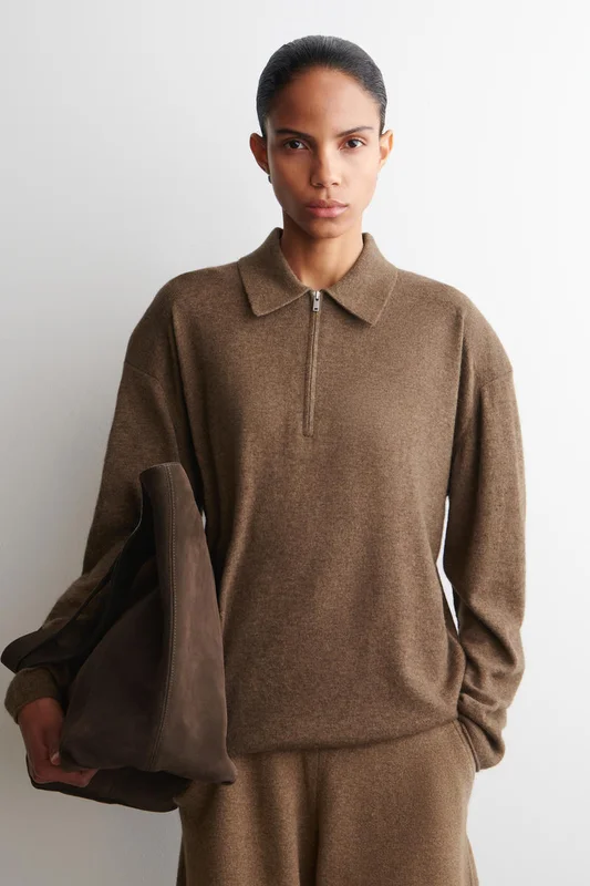 COS Women's Merino Wool Yak Zip Up Polo Shirt in Brown
