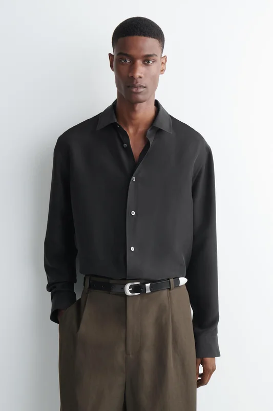 COS Men's Relaxed Silk Shirt in Black