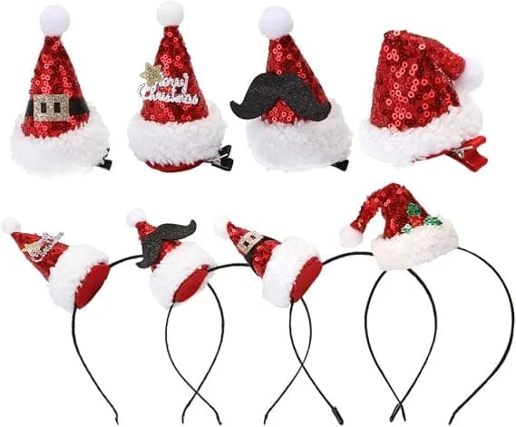8 stk Mini Julehat Hårklemme Julehat Hårbånd Glitter Nissehue Hårklemmer Hårpynt Hårbånd Nissehue til Børn Voksne Julemand