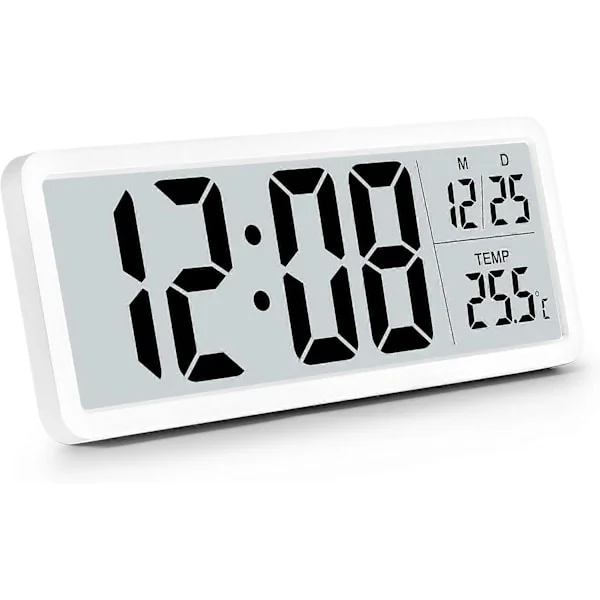 Digital Wall Clock Battery Operated, Wall Clock Digital Clock with Large Digits, Temperature Display, White (FMY)