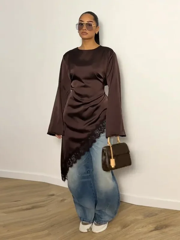 AliExpress - Damen Satin-Bluse mit Spitzenbesatz, modischer O-Ausschnitt, lange Ärmel, Schnürung an der Taille, Oberteile, Frühjahr/Sommer 2026, neu, 