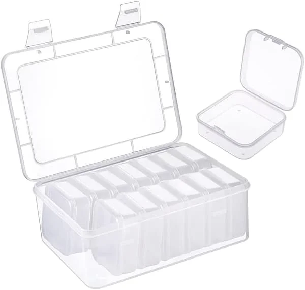 14 små plastbehållare med lock, plus 1 stor transparent behållare, mini klar förvaringslåda för förvaring av pärlor, örhängen, ringar, knappar