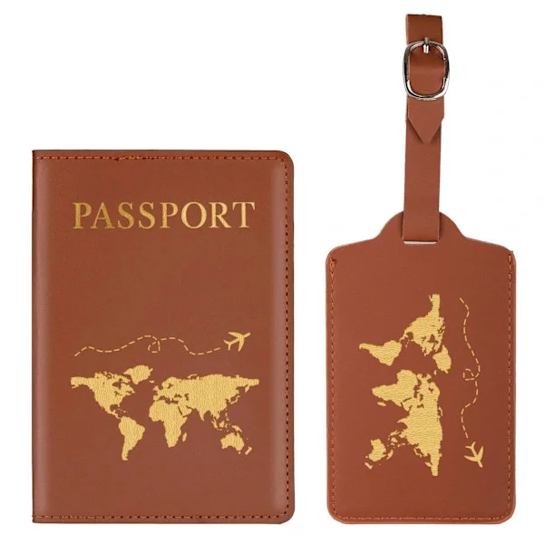 2 Pcs Passport Holder Luggage Tag, Passport Cover and Luggage ID Tag Set for Couples Wedding Party Honeymoon Brown