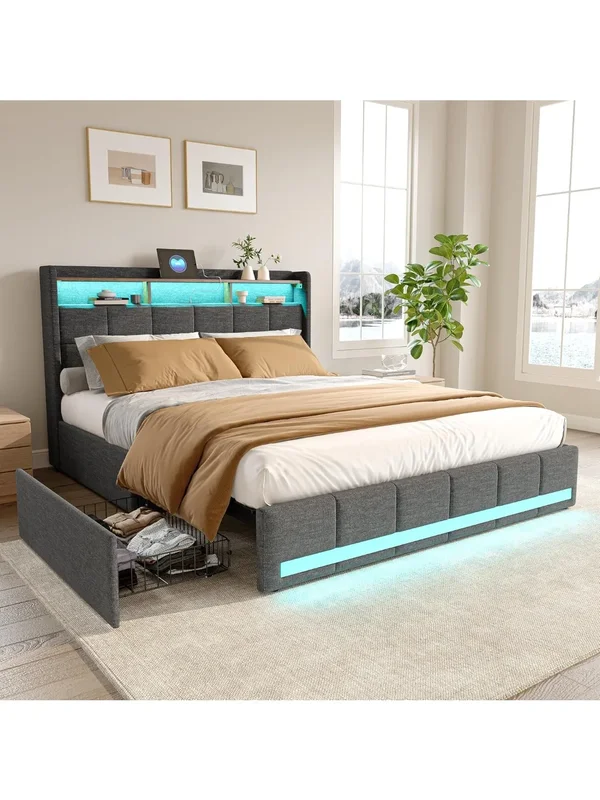 AliExpress - Rosahqnda Polster-Doppelbett 180x200 cm, Bett mit Stauraum und 4 Schubladen, Kopfteil mit Stauraum, LED-Beleuchtung und Ladestation