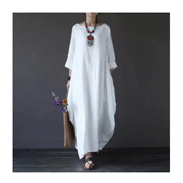 Women's Summer Dress Long Sleeve Loose Cotton Linen Maxi Dress for Casual Wear White-FS- White M