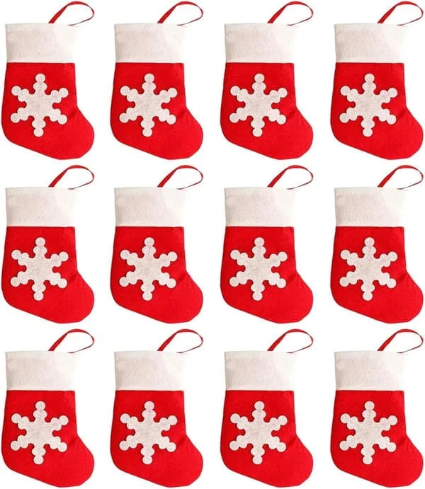 Mini julstrumpa snöflinga bestick förvaringspåsar och små godispåsar kan användas som juldekorationer och julbordsdekorationer.