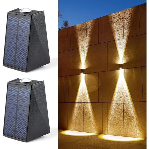 Solar Vegglampe IP65 Vanntett Utendørs Solcelledrevet Vegglampe med Opp Ned Belysning for Hage Terrasse Garasje Gjerde Dekor 2 Pakning