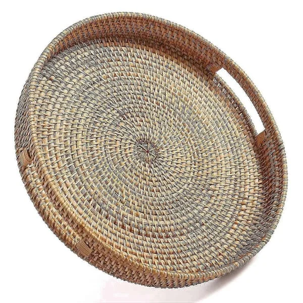 Round Rattan Serving Tray Decorative Woven Ottoman Tray With Handles For Coffee Table Natural