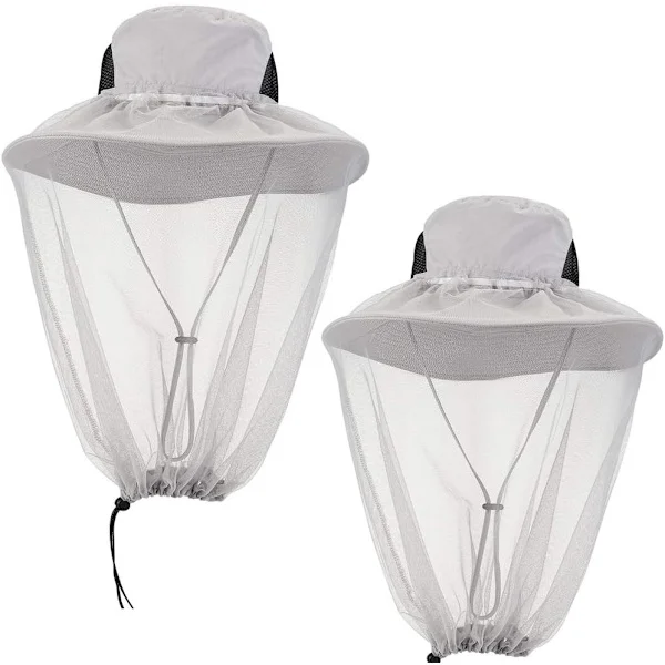 Mosquito Hats with Net for Outdoor Use, 2-Pack Bucket Hats for Hiking, Fishing, Gardening, Light Grey
