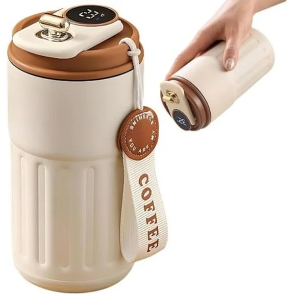 420 ml kaffetermos i rostfritt stål med lönnträimitation, lämplig för varma drycker.