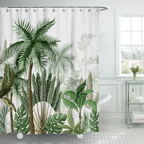 Tropical Shower Curtain Palm Tree Leaves Flowers Plant Jungle Rainforest Botanical Exotic Summer Hawaii Nature Forest Fabric Bathroom Decor Set with