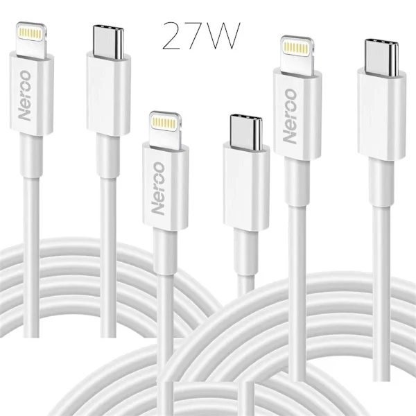 NEROO iPhone Laddare USB-C till Lightning Kabel 2m 3-Pack – Snabbladdare 27W för iPhone, iPad & AirPods