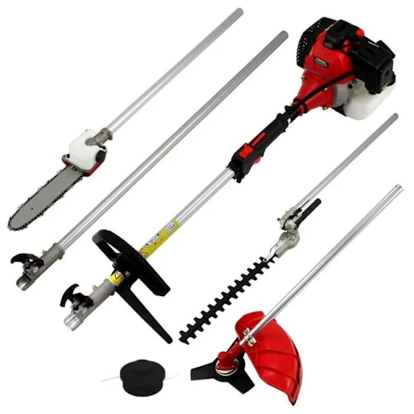 5in1 bensin multiverktyg 52cc 1,2L motor - grästrimmer häcksax - röd