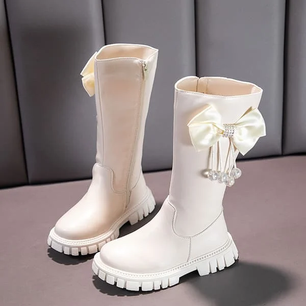 Girls' Faux Fur Winter Boots, Tall Kids' Boots for Autumn and Winter, Warm Leather Boots with Bow - White - Size 26 White Size 26