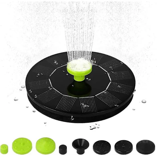 Solcellsdriven fontän utomhus 6V 1W solcellsdriven dammpump med 5 munstycken, fristående borstlös vattenpump för pool, damm, trädgård, uteplats
