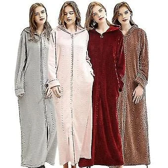 Dame hettebadekåpe kjole morgenkåpe varm myk dame fleece glidelås lange kåper (L lys grå)