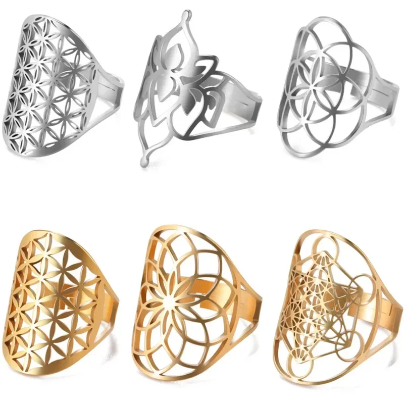 AliExpress - Bague fleur de vie en acier inoxydable, amulette d'archange creuse, bague réglable, géométrie sacrée, bijoux Wicca pour femmes et hommes