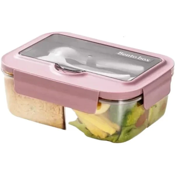 Matlåda med bestick för kontorsarbetare Fyrkantig uppdelad mikrovågsugn Bento Box Läckagesäker matbehållare för camping (Trippelrutnät-Rosa)
