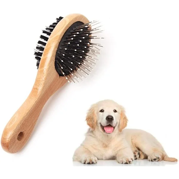 Wooden Dog Brush Double Sided Pet Fur Grooming Brush Dog Pin Brush and Soft Bristle Brush, for Cleaning Dogs and Cats