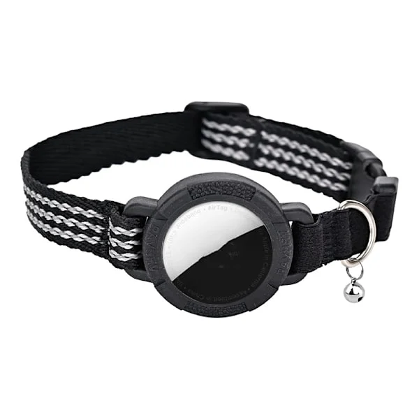 AirTag kompatibelt kæledyrs halsbånd i nylon med refleks til katte, sort, XS og S størrelser til præcis sporing S