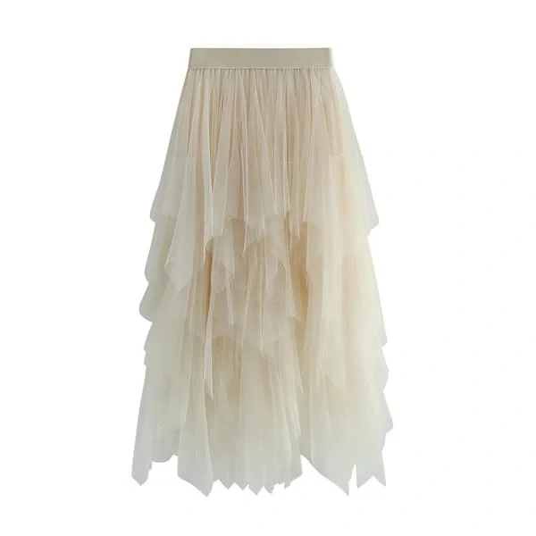 Dam Tyllkjol Elastisk midja Mesh Lång Kjol Beige