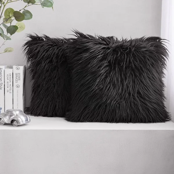 Faux Fur Solid Pynteputetrekk Putetrekk Luksus Myk Halloween Dekorativt Putetrekk Fuzzy Putetrekk Svart 18x18In
