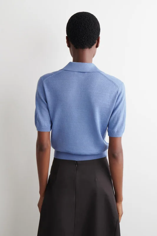 COS Women's Knitted Linen-Merino Polo Shirt in Blue