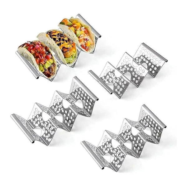 [KK] Taco Holder, 4-pack stainless steel stand with handle, taco tray holds up to 3 tacos, taco stand