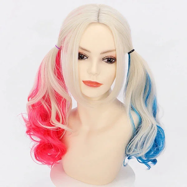 Shengruili Harley Quinn Parykk Dame Lang Cosplay Parykk Skurk Quinn Parykk Cosplay Parykk Blond Blå Rosa Karneval Halloween Karnevalfester