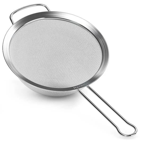 Finmaskig sil i rostfritt stål, 8" diameter stor sil för köket, finmaskig sil med handtag, livsmedelsgodkänd metallsil