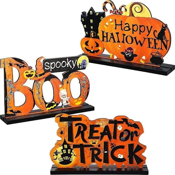 3 glada Halloween bordsdekorationer, pumpa bordsdekorationer Boo skylt trä godis dag för Halloween fest middag soffbord topper våningsbricka Roo[CO]