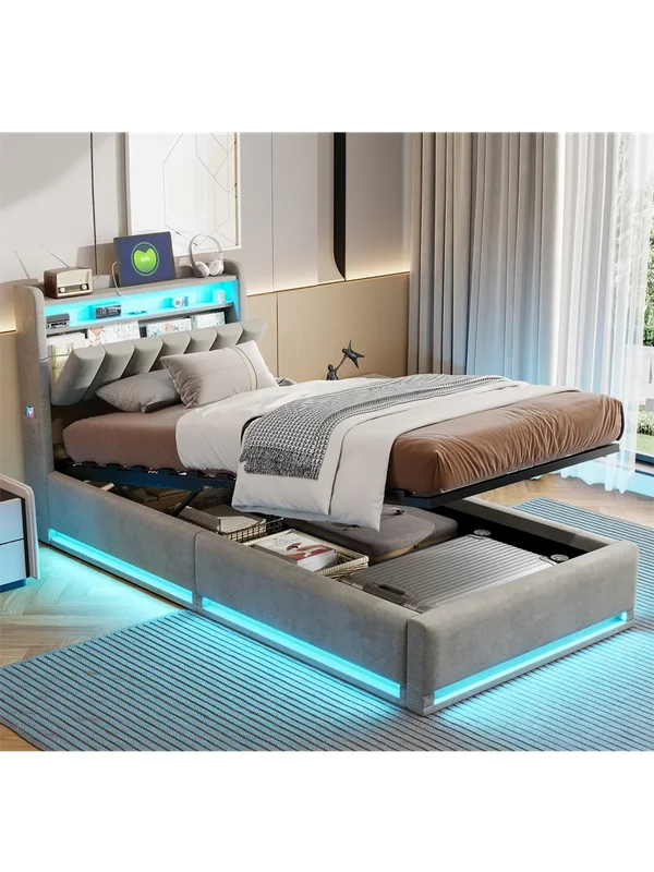 AliExpress - Anajqaqia 90 x 200 cm Einzelbett, gepolstertes Bett mit USB und LED-Licht, hydraulisches Bett mit Kopfteil, ohne Matratze, Samt, Grau