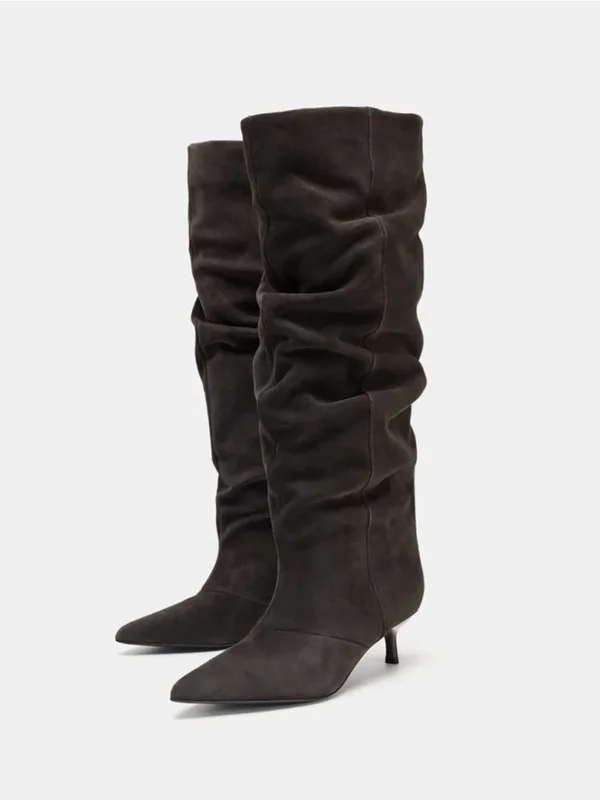 AliExpress - Eilyken Winter Plissee Kniehohe Stiefel für Damen, Retro-Stiefel mit spitzer Zehenpartie und Kitten-Heels, Designer-Stiefel, bequem, 