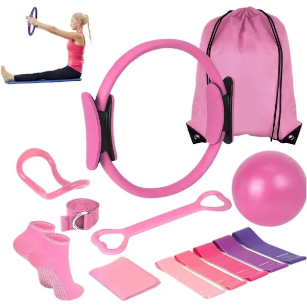 Pilates Ring, Modstandsbånd, Pilatesbold, Yoga Ring Sæt, Hjemme Fitness Tilbehør, Ideel til Fitness og Fleksibilitetsøvelser, 13 Dele, Pink