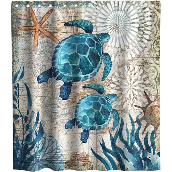 Sista fredagen Nautiskt Grön Havssköldpadda Strandtema Tyg Duschdraperi Set Badrum Blå Marin Inredning med Öglor och Krokar 183 x 183 cm Teal