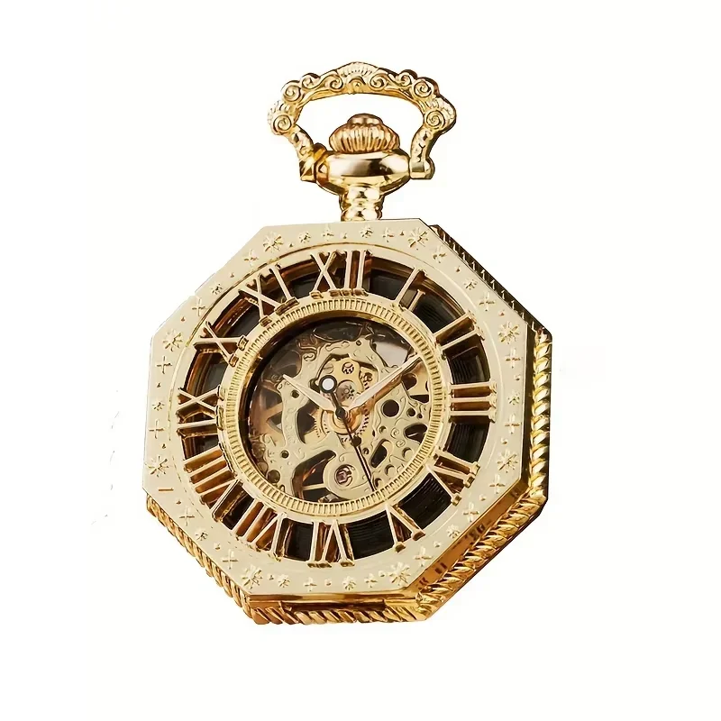 AliExpress - Montre de poche mécanique hexagonale classique avec chaîne FOB, cadran romain steampunk, squelette doré en acier ajouré pour homme