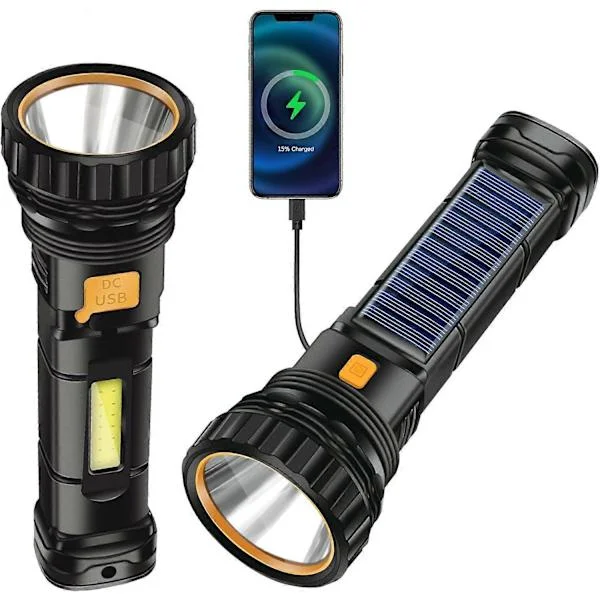 Ficklampa LED Solcellsdriven Ficklampa, 1200 Mah Uppladdningsbar Ficklampa, Ficklampa med USB-laddare, Ficklampa IPX4 Vattentät 3 Lägen Ljus för Ca