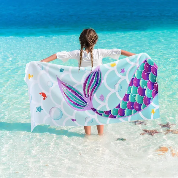 Sjöjungfru Barn Strandhandduk - 75 x 150cm Strand Simning Handdukar för Flickor Barn Barn Badhandduk Lig