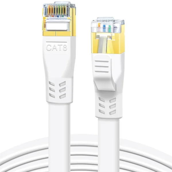 CAT8 Ethernet-kabel 5m – 40 Gbps/2000 MHz hastighet – Platt design – Guldpläterade RJ45-kontakter – Lämplig för spelroutrar och modem